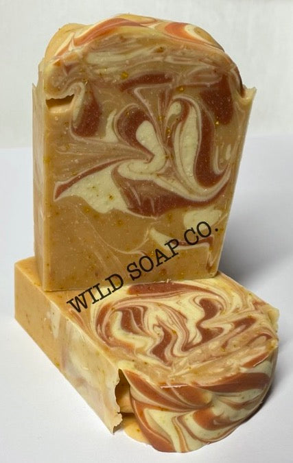 WILD SOAP CO. Beautifully swirled, tricolour, exfoliating with orange zest, hydrating with hemp seed oil and shea butter in a fragrant handmade soap bar called Citrus Tingle